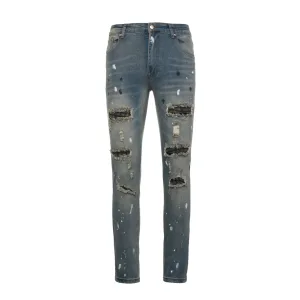 Amiri Jeans replika 1:1 Vit Rött Läder Tvättad Distressed Of