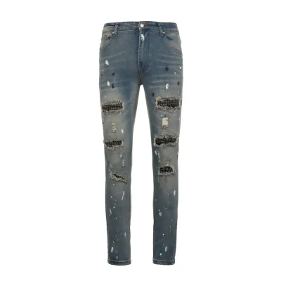 Amiri Jeans replika 1:1 Vit Rött Läder Tvättad Distressed Of