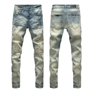 Amiri Byxor replika lyx Tvättad Ripped Of Styles Street Jeans