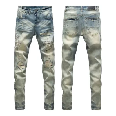 Amiri Byxor replika lyx Tvättad Ripped Of Styles Street Jeans
