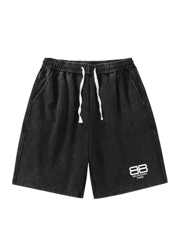 Balenciaga Shorts replika lyx svart bomullslogotyp tvättad längd midja