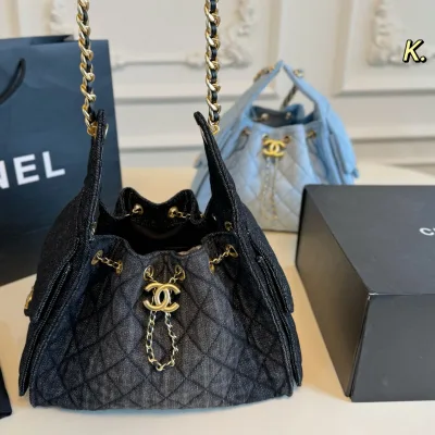 Chanel Bucket Bag Replik Luxus Denim Kordelzug Stilvoll ist faltbar