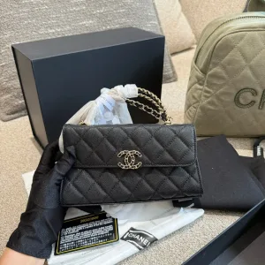 Chanel Handytasche Replik Luxus Schwarzes Leder Rindsleder Logo