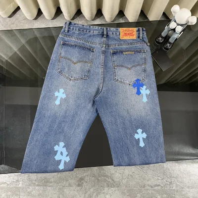 Chrome Hearts Jeans replica lyx 1:1 Blue White Leather Denim