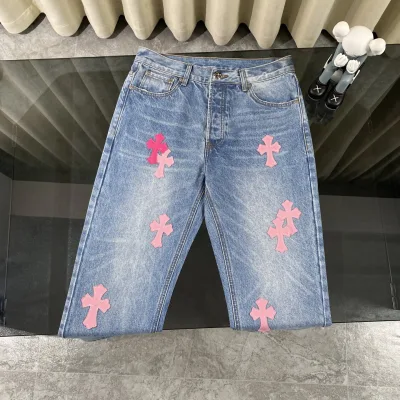 Chrome Hearts Jeans replika lyx 1:1 Rosa Vit Läder Denim