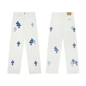 Chrome Hearts Jeans replika lyx 1:1 Rosa Vit Läder Denim