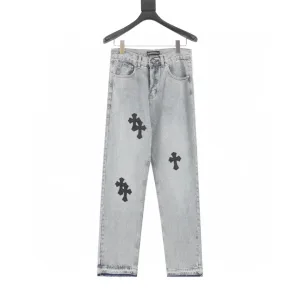 Chrome Hearts Jeans replika lyx Svart Blå Denim Läder Patchwork