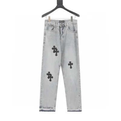 Chrome Hearts Jeans replika lyx Svart Blå Denim Läder Patchwork