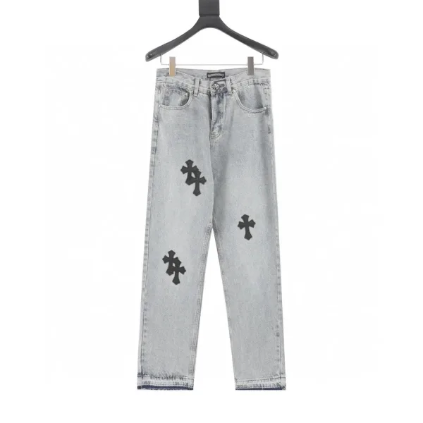 Chrome Hearts Jeans replika lyx Svart Blå Denim Läder Patchwork