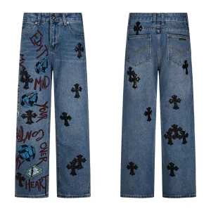 Chrome Hearts Jeans replika lyx Svart Blå Läder Bomull tvättad