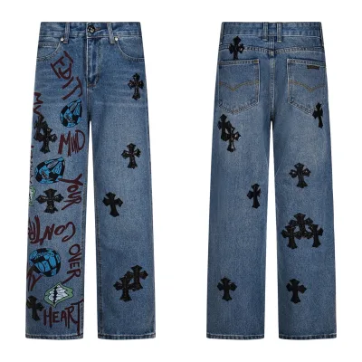 Chrome Hearts Jeans replika lyx Svart Blå Läder Bomull tvättad