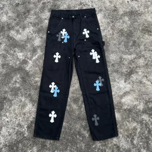 Chrome Hearts Jeans replika lyx Black Leather Denim Washed Streetwear