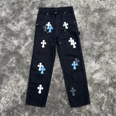 Chrome Hearts Jeans replika lyx Black Leather Denim Washed Streetwear