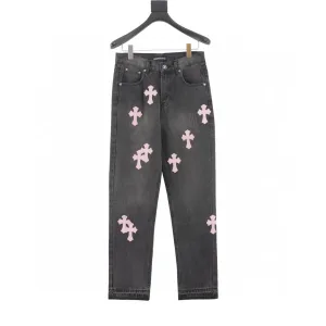 Chrome Hearts Jeans replika lyx Svart Rosa Läder Vintage Patchwork