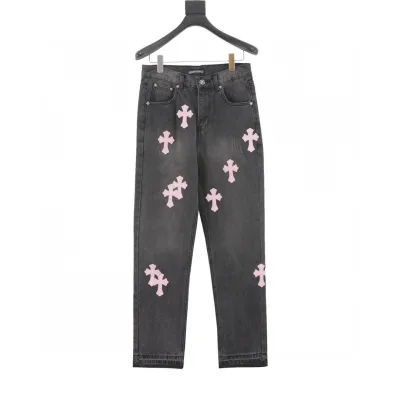 Chrome Hearts Jeans replika lyx Svart Rosa Läder Vintage Patchwork