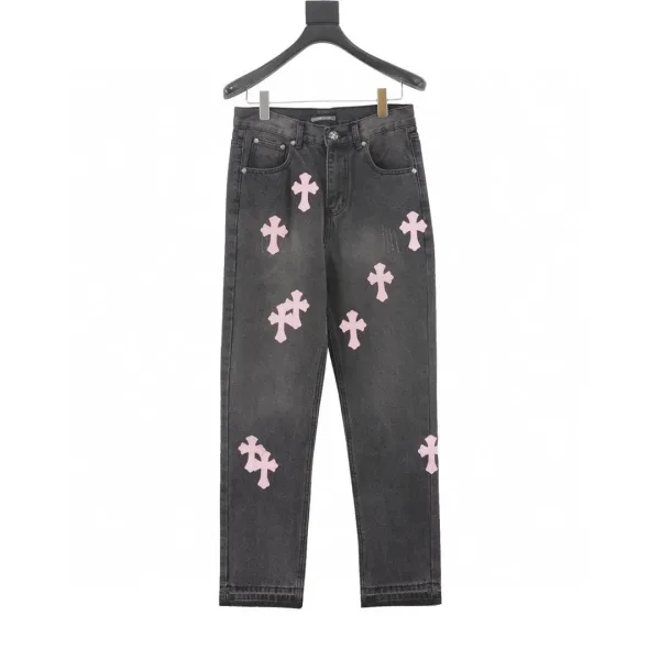 Chrome Hearts Jeans replika lyx Svart Rosa Läder Vintage Patchwork