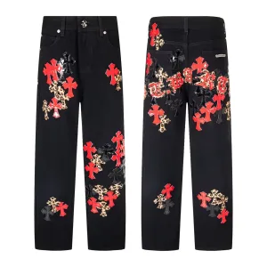 Chrome Hearts Jeans replika lyx Svart Röd Denim Läder Vintage