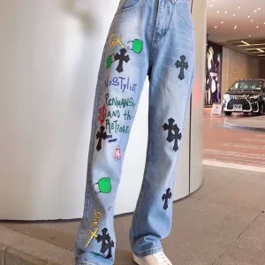 Chrome Hearts Jeans replika lyx Svart Silver Läder Patchwork Vintage