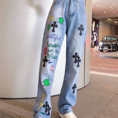 Chrome Hearts Jeans replika lyx Svart Silver Läder Patchwork Vintage