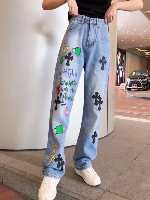 Chrome Hearts Jeans replika lyx Svart Silver Läder Patchwork Vintage