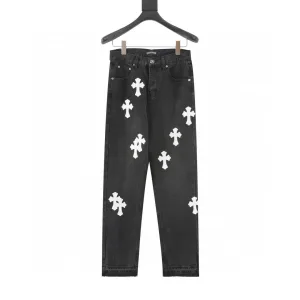 Chrome Hearts Jeans replika lyx Svart Vit Läder Denim Vintage