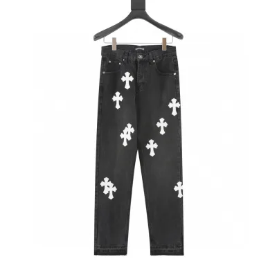 Chrome Hearts Jeans replika lyx Svart Vit Läder Denim Vintage