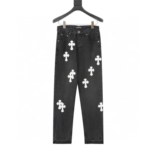 Chrome Hearts Jeans replika lyx Svart Vit Läder Denim Vintage
