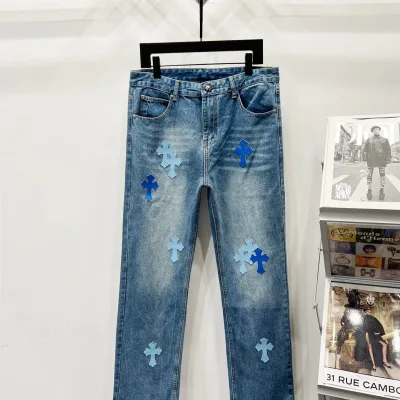 Chrome Hearts Jeans replika lyx Svart Vit Läder Fårskinn tvättat