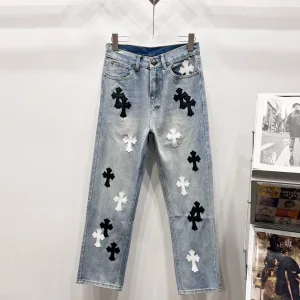 Chrome Hearts Jeans replika lyx Svart Vit Läder Tvättad Is