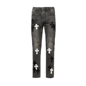 Chrome Hearts Jeans replika lyx Svart Vit Fårskinn Patchwork tvättad