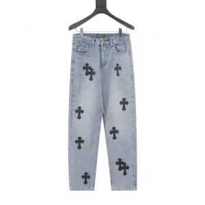Chrome Hearts Jeans replika lyx Blå Svart Läder Denim Patchwork