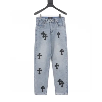 Chrome Hearts Jeans replika lyx Blå Svart Läder Denim Patchwork