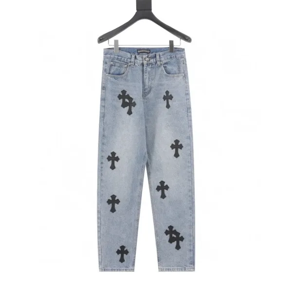 Chrome Hearts Jeans replika lyx Blå Svart Läder Denim Patchwork