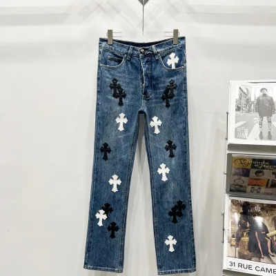 Chrome Hearts Jeans replika lyx Blå Svart Läder Patchwork Tvättad