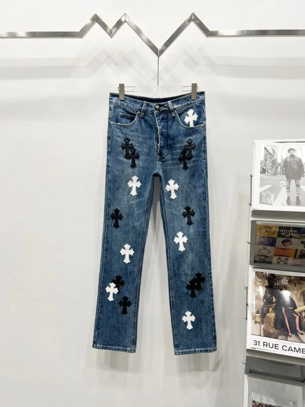 Chrome Hearts Jeans replika lyx Blå Svart Läder Patchwork Tvättad
