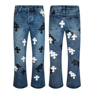 Chrome Hearts Jeans replika lyx Blå Svart Läder Fårskinn tvättad