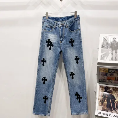 Chrome Hearts Jeans replika lyx Blue Leather Washed Streetwear Betygsatt