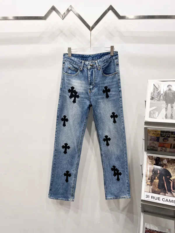 Chrome Hearts Jeans replika lyx Blue Leather Washed Streetwear Betygsatt