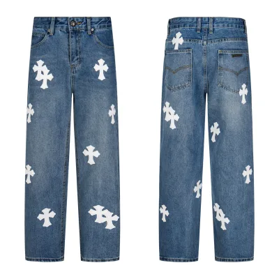 Chrome Hearts Jeans replika lyx Blå Vit Läder Vintage Patchwork