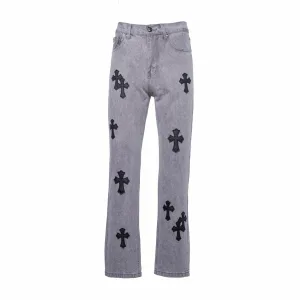 Chrome Hearts Jeans replika lyx Grå Svart Läder Vintage Midja