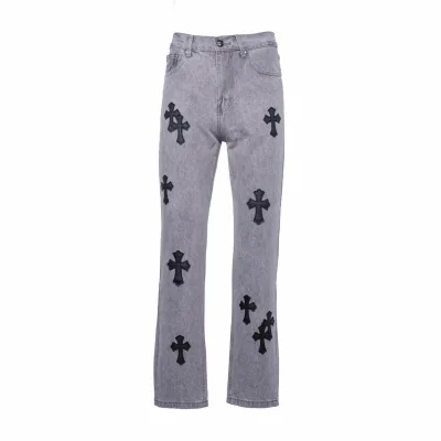 Chrome Hearts Jeans replika lyx Grå Svart Läder Vintage Midja