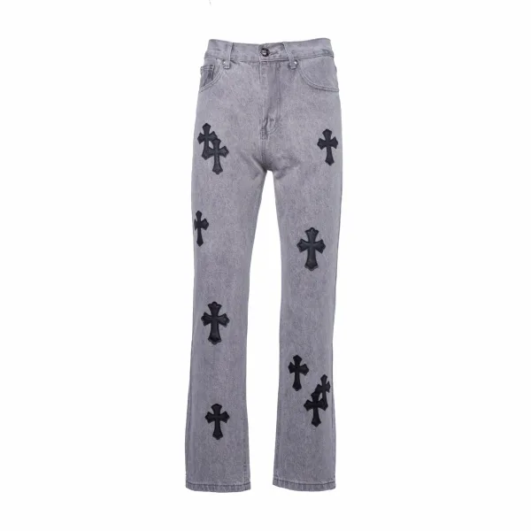 Chrome Hearts Jeans replika lyx Grå Svart Läder Vintage Midja