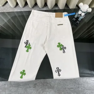 Chrome Hearts Jeans replika lyx Grön Vit Läder Denim tvättad