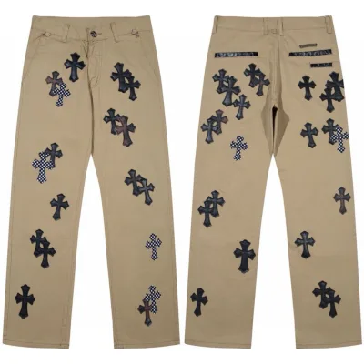 Chrome Hearts Jeans replika lyx Rosa Khaki Läder Denim tvättad