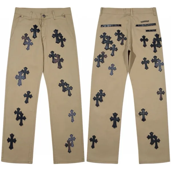 Chrome Hearts Jeans replika lyx Rosa Khaki Läder Denim tvättad