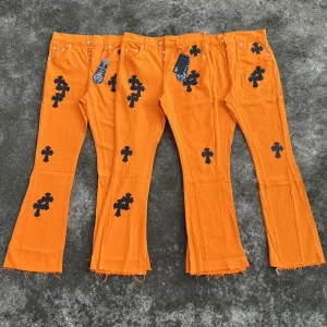 Chrome Hearts Jeans replika lyx Rosa Orange Läder Denim tvättad
