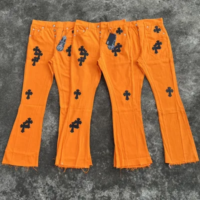 Chrome Hearts Jeans replika lyx Rosa Orange Läder Denim tvättad