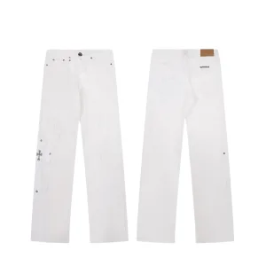 Chrome Hearts Jeans replika lyx Rosa Vit Läder Denim tvättad