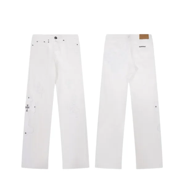 Chrome Hearts Jeans replika lyx Rosa Vit Läder Denim tvättad