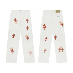 Chrome Hearts Jeans replika lyx Rosa Vit Läder Denim tvättad